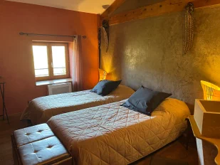Chambre à thématique africaine de couleur grise et ocre avec disposition de deux lits simples. Avec par la fenêtre, vue sur le jardin.